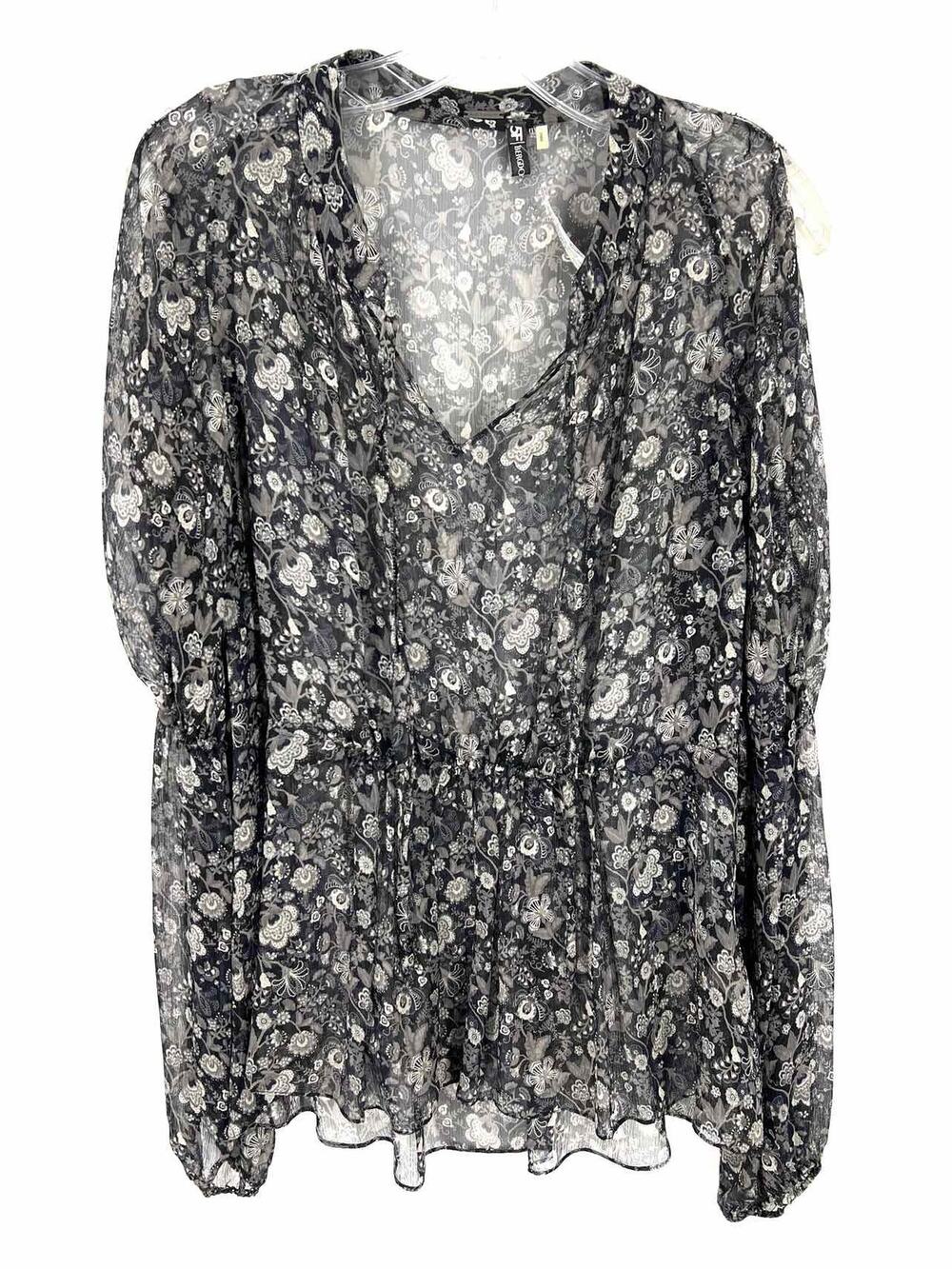 Elie Tahari Size L Black/Gray Floral Silk Designer Top-Long Sleeve